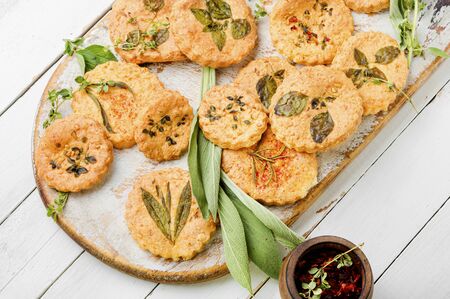 Shortbread cookies with spicy herbs.Cookies with sage,thyme and rosemary.の写真素材