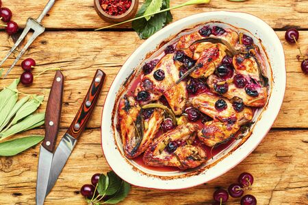 Fried chicken wings in spicy cherry sauce. Grilled chicken.の写真素材