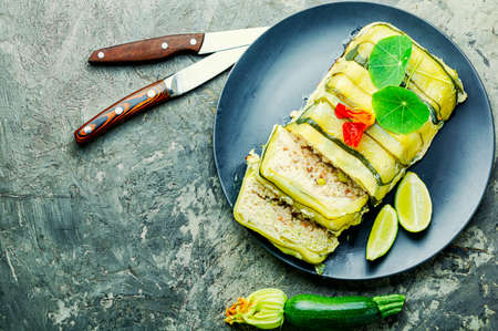 Delicious homemade chicken and zucchini meat terrine.French cuisineの写真素材