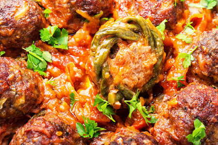 Meatballs, stewed with asparagus beans.Fresh fried meatballs.Food background