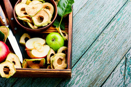 Sun-dried apple slices or apple chips and fresh appleの写真素材