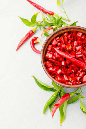 Sliced red hot chili peppers.Spice ingredient.Red pepperの写真素材