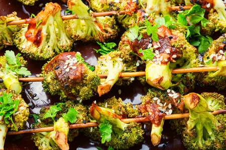 Vegetable diet kebab from broccoli cabbage.Food background, close upの写真素材