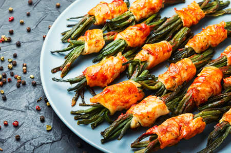 Roasted meat with cowpea stalks, asian food. Thai foodの写真素材