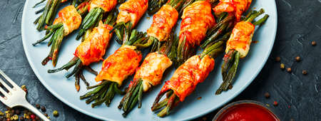 Roasted meat with cowpea stalks, asian food. Thai foodの写真素材