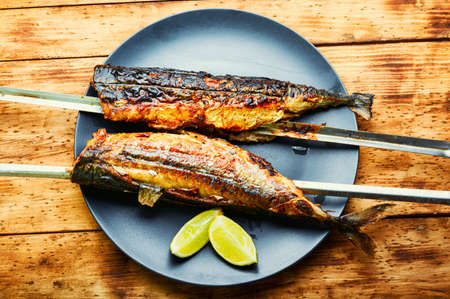 Fish kebab from mackerel.Mackerel on skewers.Fish barbecue skewerの写真素材
