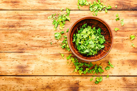 Condiment or spice made from dried green parsley.Copy spaceの写真素材