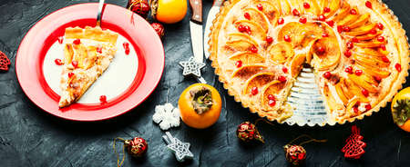 Italian cake or persimmon tart.Delicious Christmas dessert.Christmas pieの写真素材