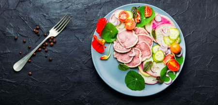 Appetizing dietary salad with veal tongue and radishの写真素材