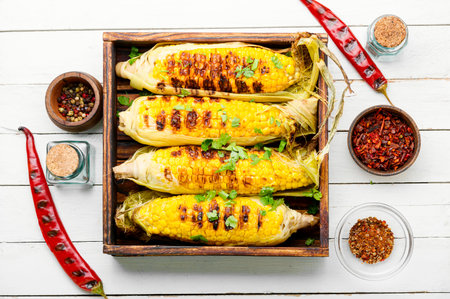 Tasty grilled corn cobs. Delicious grilled mexican cornの写真素材