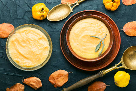 Quince puree or cream soup.Fruit autumn soupの写真素材