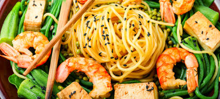 Delicious pasta with shrimps and cow-pea.Thai cuisine.の写真素材