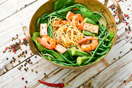 Delicious pasta with shrimps and cow-pea.Thai cuisine.の写真素材