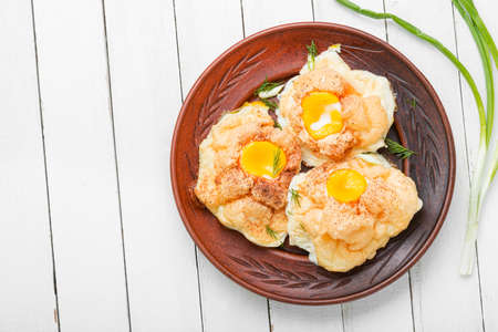 Delicious orsini eggs or fried egg. French cuisine.の写真素材
