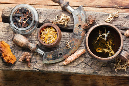 Herbal tea from medicinal herbs.Medicinal plants and roots in herbal medicine.の写真素材