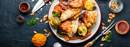 Delicious pieces of partridge fried with pumpkin and onions.
