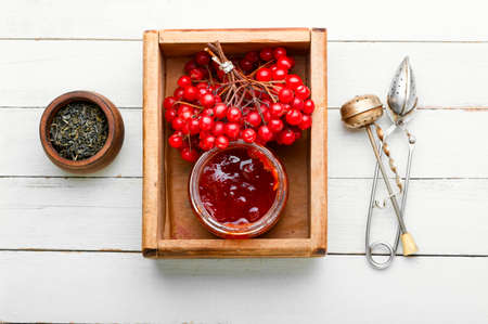 Glass jar with jam and viburnum berriesの写真素材