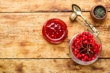 Glass jar with jam and fresh viburnum berriesの写真素材