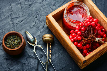 Glass jar with jam and viburnum berriesの写真素材