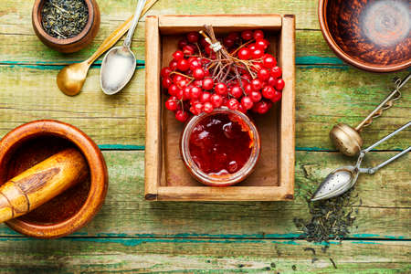 Glass jar with jam and viburnum berriesの写真素材