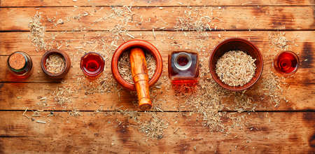 Dried eleutherococcus in herbal medicine.Tinctures from medicinal herbs.Healing herbsの写真素材