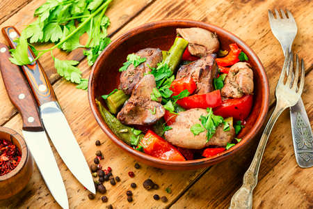 Salad with liver, bell pepper, okra and herbs. Chicken liver saladの写真素材