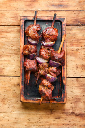 Turkish or arabic tradition liver kebab on skewers. Ciger kebabの写真素材