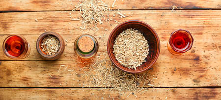 Dried eleutherococcus in herbal medicine.Tinctures from medicinal herbs.Healing herbsの写真素材