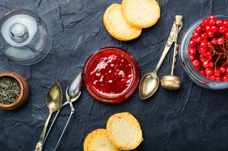 Glass jar with jam and viburnum berriesの写真素材