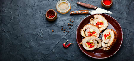 Meat rolls stuffed with cheese, pepper and olives. Space for text