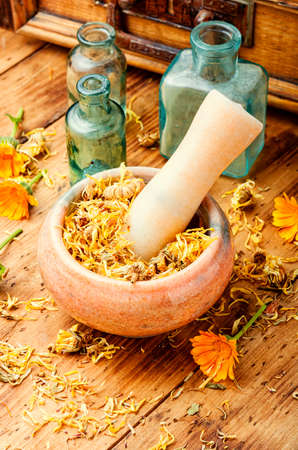 Dried calendula in a mortar and pestle.Traditional herbal medicine.の写真素材