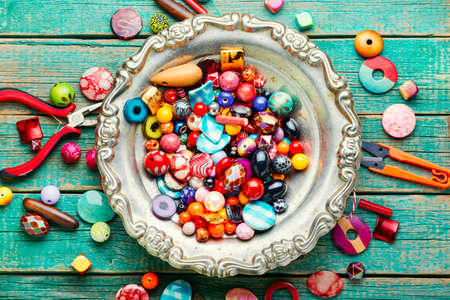 Colorful seed beads of different sizes.Handicraft, beadsの写真素材
