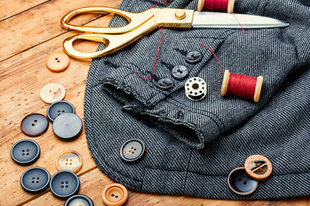 Sewing kit of threads, buttons and fabric.Accessories for sewing and needleworkの写真素材