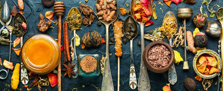 Dried healing herbs, plants. Dry tea leaf. Various kinds of tea in spoons. Alternative herbal medicineの写真素材
