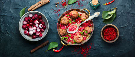 Arabic food lamb kufta spiced with saffron.Appetizing lamb meatballsの写真素材