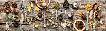 Large set of dried healing and medicinal herbs. Dry tea leaf.Alternative herbal medicineの写真素材