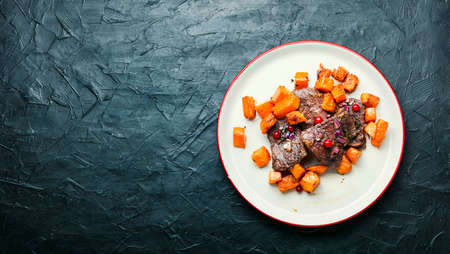 Veal stewed with pumpkin and cranberry sauce.Copy spaceの写真素材