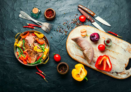 Boiled beef tongue with bell pepper. Sliced beef tongueの写真素材