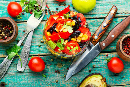 Healthy vegetable salad with quinoa.Homemade summer salad in a glass jar.Healthy foodの写真素材
