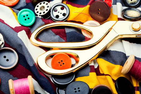 Sewing kit of threads, buttons and fabric.Accessories for sewing and needleworkの写真素材