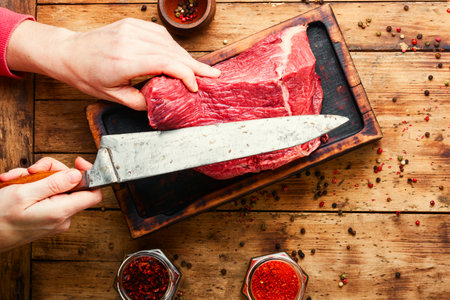 Raw beef meat on wooden cutting boardの写真素材