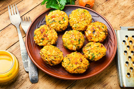 Vegetable diet cutlets made from carrots and lentils.Homemade vegetarian cutlets.Healthy diet foodの写真素材