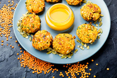 Vegetable diet cutlets made from carrots and lentils.Homemade vegetarian cutlets.Healthy food.