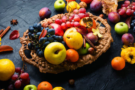 Set of fruits, grapes and nuts.Autumn food still life with season fruitsの写真素材