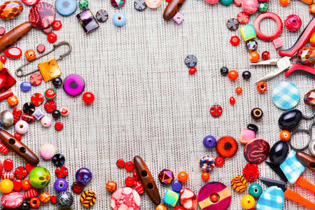 Beads of different shapes and sizes for making jewelry.Hobby and handmade.Space for textの写真素材