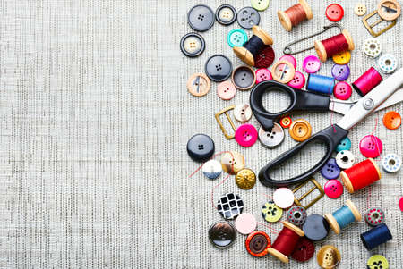 Set of buttons, threads and other sewing accessories.Tools for sewing