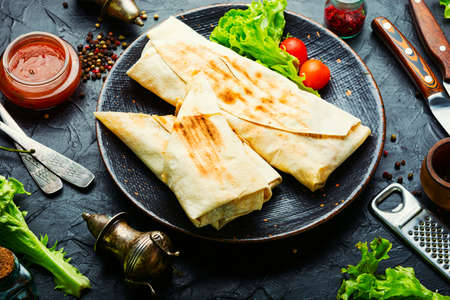 Chicken shawarma made from roasted meat wrapped in pita bread. Doner kebab. Shawarma rolled in lavashの写真素材