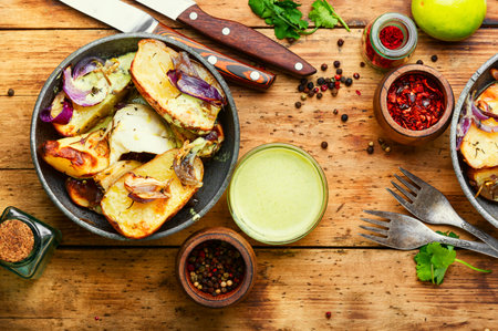 Tasty roasted potatoes with mozzarella cheese and onions in plate.Homemade foodの写真素材
