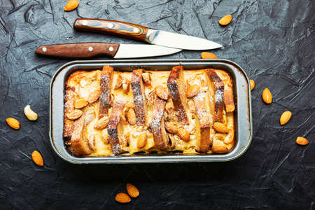 Dessert of toast bread, cottage cheese, banana and nuts.French breakfast.Flat layの写真素材