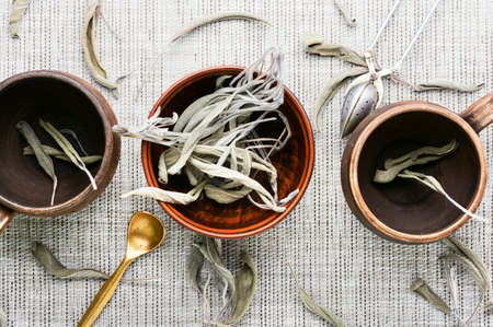 Herbal sage tea.Dry sage leaf.Herbal medicine and healing plants.の写真素材